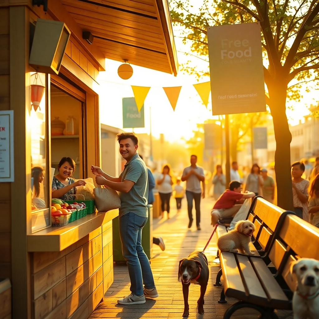 Visualize a cheerful customer approaching a charming food pickup stall, with a bustling community vibe around. The scene is bathed in warm, golden hour light, creating a nostalgic and inviting mood. The color palette includes soft yellows, greens, and light browns. The composition should be a dynamic angle, showcasing the customer smiling as they reach for their food bag from a friendly vendor. Details should include vibrant fresh produce displayed on the counter and colorful banners promoting the free food service fluttering gently in the breeze. Environmental elements like benches with groups of people enjoying their meals and playful dogs nearby should evoke a sense of community and warmth. Utilize a street photography style to capture the lively atmosphere. Specifications call for hyperrealistic quality, ensuring intricate details that bring the joy of food sharing to life in 8K resolution.